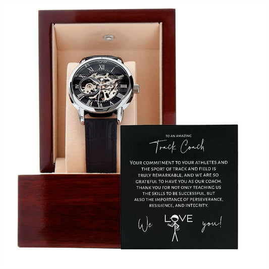 Watch for a track coach, open skeleton, end of year gift for track coach.